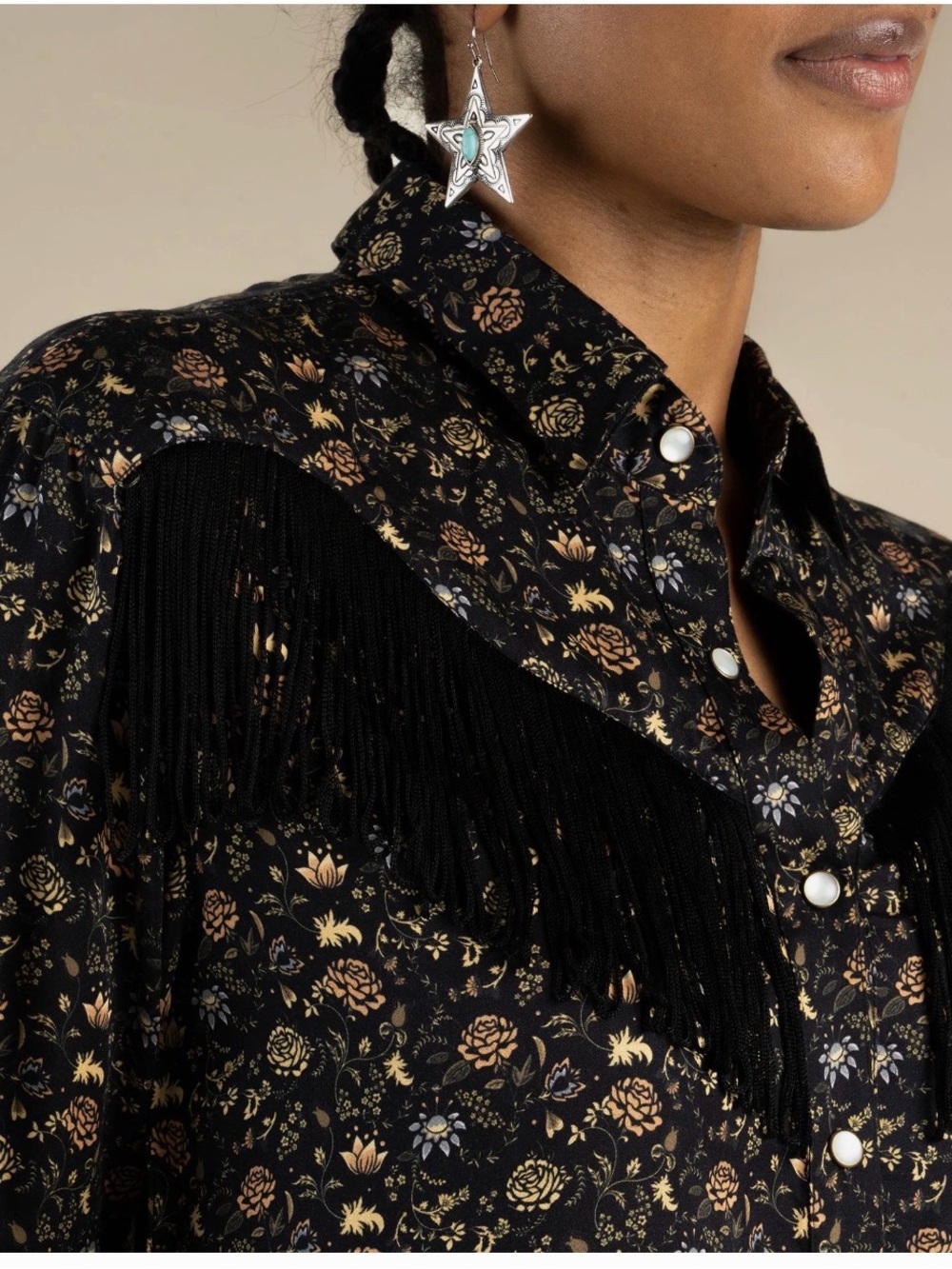 Black Floral Fringe Button-Down Western Shirt Large - Picture 4 of 4